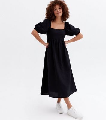 Black Linen-Look Puff Sleeve Midi Dress ...